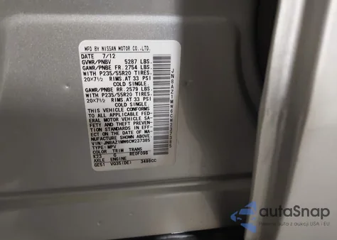 2012 Nissan Murano Le z USA, uszkodzony, nr VIN JN8AZ1MW6CW237385